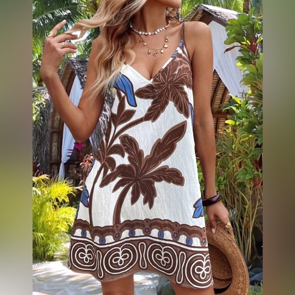 Bohemian Tropical Print Loose Fit V-Neck A-Line Spaghetti Straps Cami Dress - Picture 1 of 9